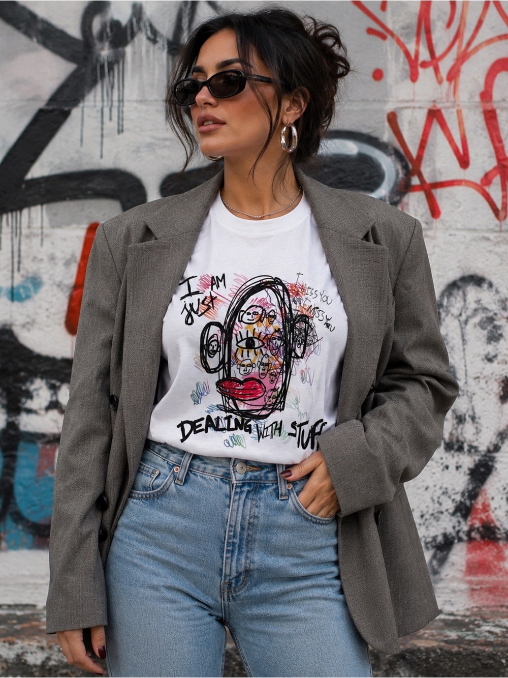 BOKA I Am Dealing With Stuff Graphic White Tee Abstract Face SZ Med Unisex NWOT
